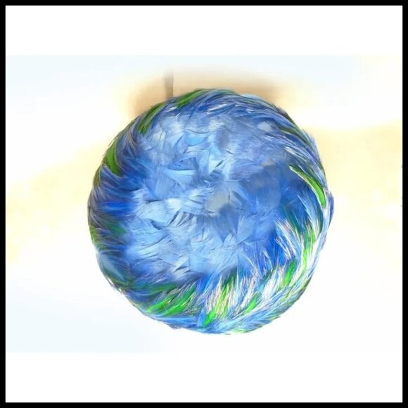 Vintage Hat + HATBOX Blue Green Feather High Fashion Modernist Bucket Hat - Picture 5 of 13